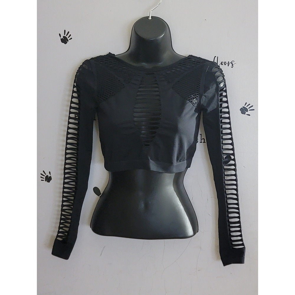 La Senza Black Long Sleeve Crop Top Ladder Cut Out Mesh Detail Medium 36010628‎